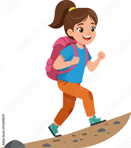 Cartoon Style Smiling Girl with Backpack Hiking Up a Slope Illustration