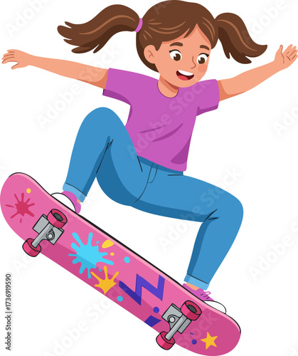 Cartoon Style Girl Performing Skateboard Trick Illustration in Mid-Air