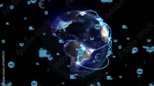 3D globe rotating initiating neon arcs tracing trade routes around globe showing logistics network