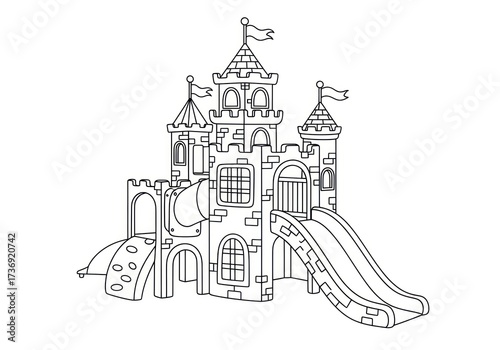 Outline drawing of a castle-themed playground with slides and towers, perfect for coloring books.