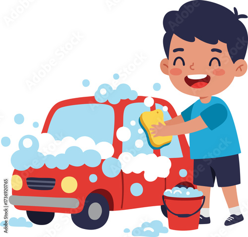 Cartoon Style Cute Little Boy Washing Red Car Illustration