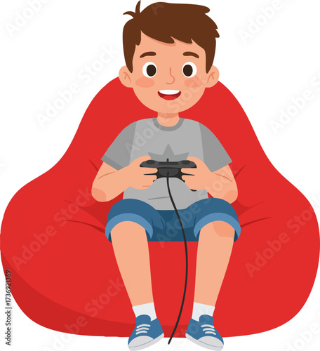 Cartoon Style Young Boy Playing Video Game On Red Beanbag Chair Illustration