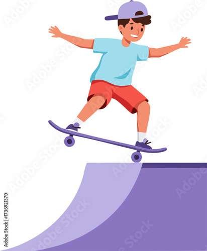 Flat Style Illustration of Young Boy Doing Skateboard Trick Over Ramp