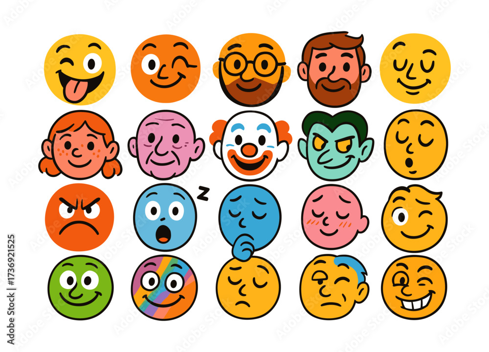 Obraz premium Colorful collection of diverse cartoon faces expressing various emotions