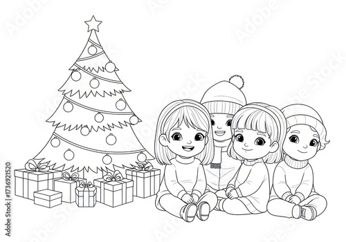 Christmas Coloring Page with Children and Decorated Tree.