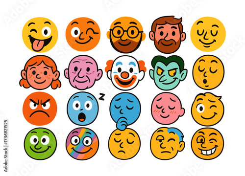 Colorful collection of diverse cartoon faces expressing various emotions
