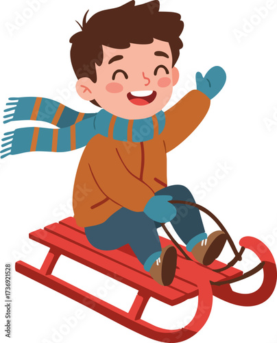 Cheerful Cartoon Boy Sledding Downhill Winter Scene Illustration