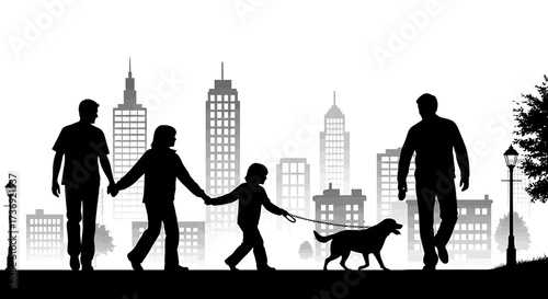 Family silhouette walking dog in park with city skyline background and street lamps on a bright day
