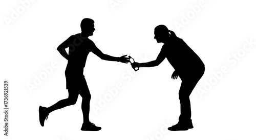 Silhouette of a male runner receiving a water bottle from a female helper during a race on a white background