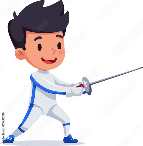 Cartoon Style Cheerful Fencer Boy Practicing Fencing Sport Illustration