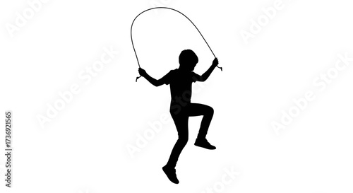 Silhouette of a young boy energetically jumping rope outdoors on a bright white background during the day