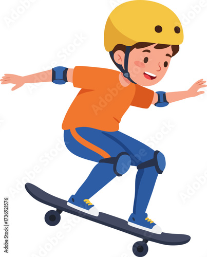 Cartoon Illustration of Joyful Boy Skateboarding with Safety Gear in Action