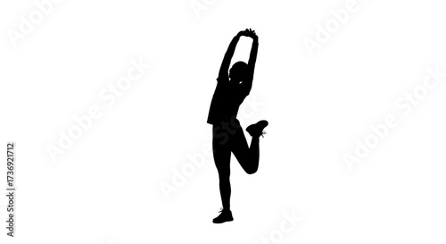 Silhouette of a woman stretching her quadriceps with arms raised overhead on a clean white background