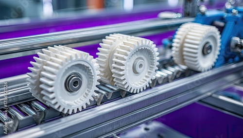 Close-up of a conveyor system with white plastic gears and metallic rails