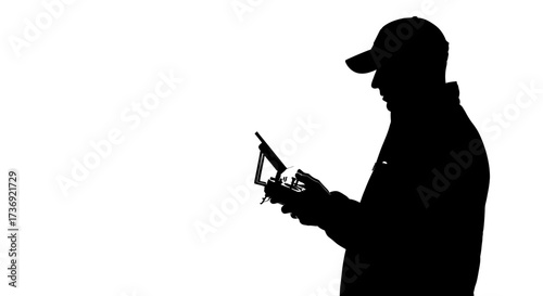Silhouette of a man wearing a baseball cap operating a drone controller with a smartphone attached against a white background