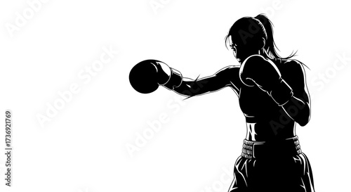 Silhouette of a female boxer in a fighting stance throwing a punch with boxing gloves on a white background