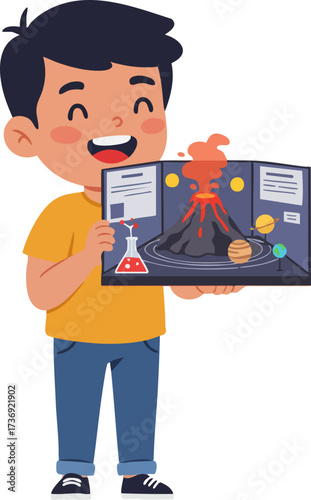 Cheerful Flat Illustration of a Boy Holding Science Project Display