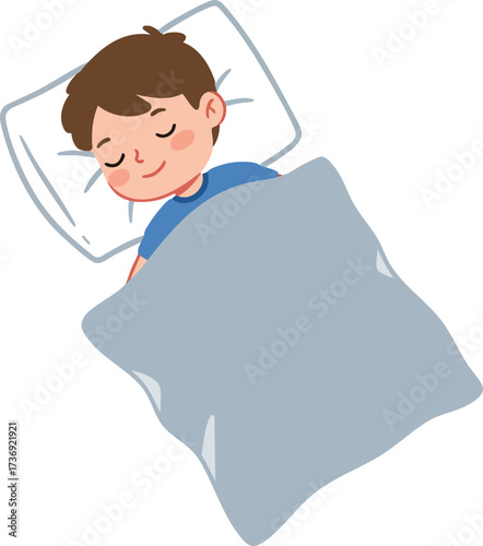 Cartoon Style Little Boy Sleep Peacefully in Bed Illustration