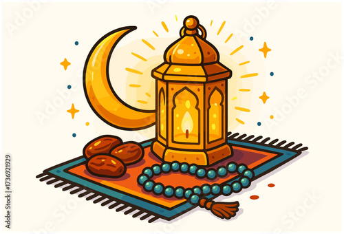 Colorful lantern and dates on rug with crescent moon for ramadan theme