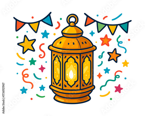 Colorful festive lantern with confetti and stars for celebration decor