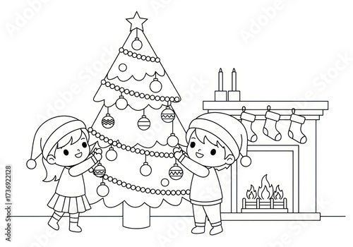 Children Decorating Christmas Tree by Fireplace.