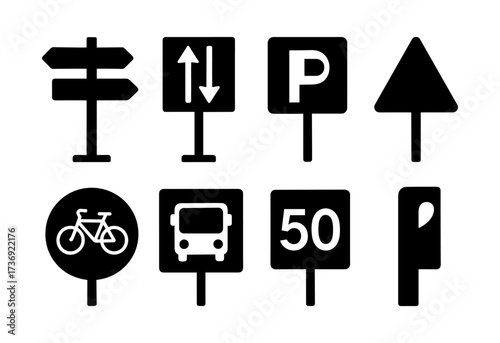 Silhouette traffic signs collection: bicycle, parking, bus, speed limit, directional arrows