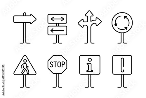 Minimal linear road signs set: directional, stop, pedestrian, information