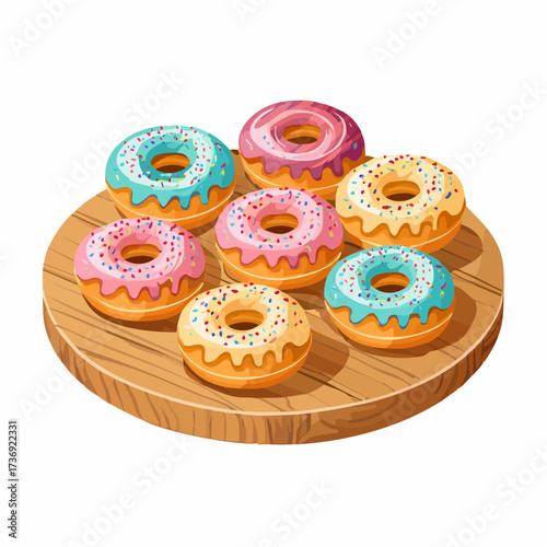 Assorted Colorful Donuts on Wooden Tray with Sprinkles and Icing Vector Illustration