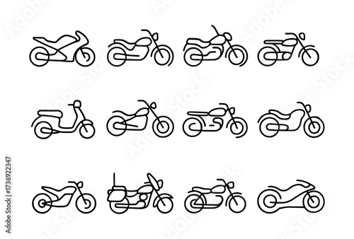 Minimalist motorcycle line art collection: diverse bike silhouettes