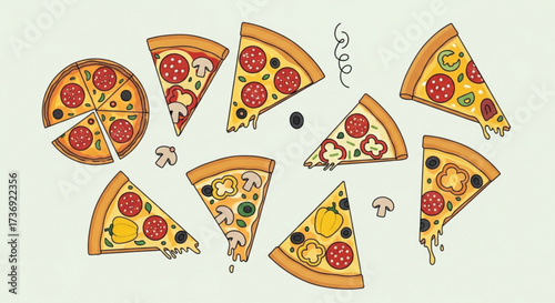 Illustration of a whole pizza and several pizza slices with various toppings scattered on a light background