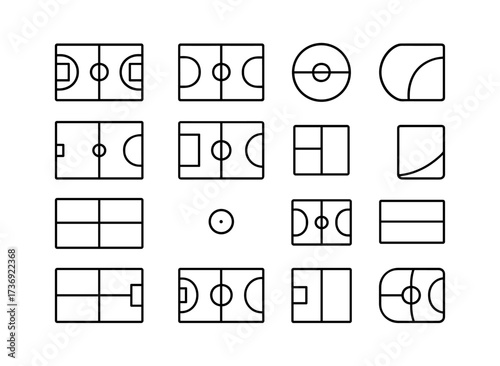 Minimalist icon set of various sports court layouts