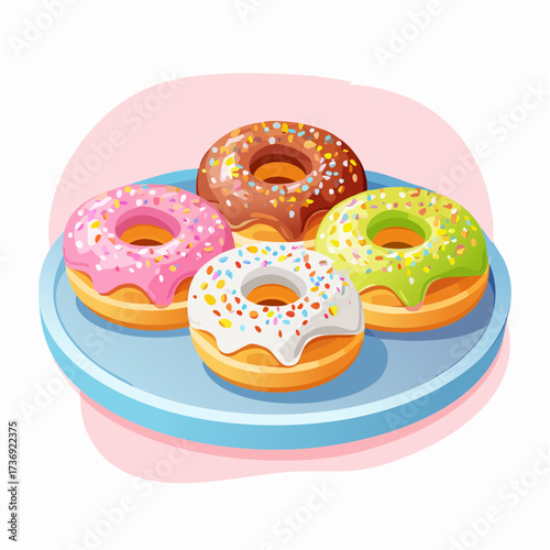 Assorted Glazed Doughnuts with Sprinkles on Blue Plate with Pink Background Vector Illustration