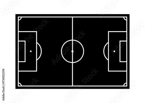 Minimalist black and white soccer field layout with geometric lines