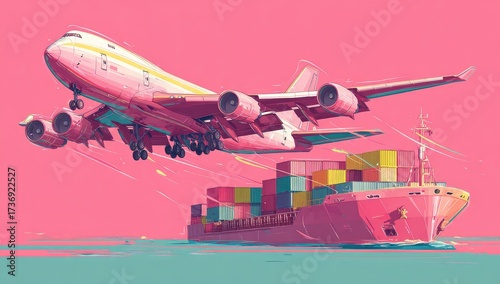 A pink cargo plane taking off above a pink container ship on pink water