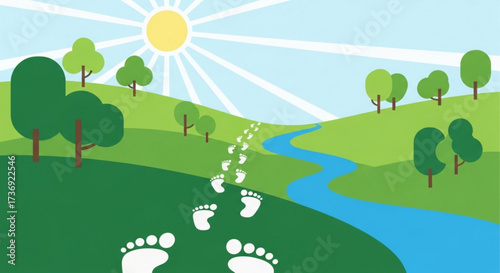 Illustration of a sunny landscape with green hills trees a winding river and a path of footprints leading away