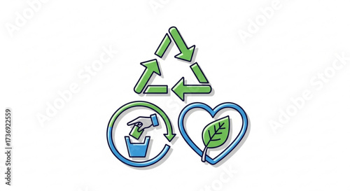 Illustration depicting recycling symbol, hand putting trash in bin, and heart with leaf for environment