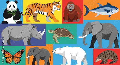Illustration featuring a diverse collection of animals set against a vibrant multicolored background design