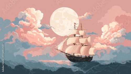 Sailboat sails on gentle waves beneath a luminous moon and pastel-colored clouds