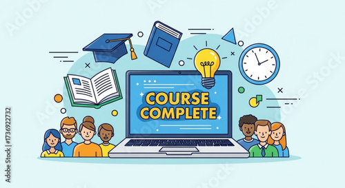 Illustration of a laptop displaying course complete message with students and educational icons around it