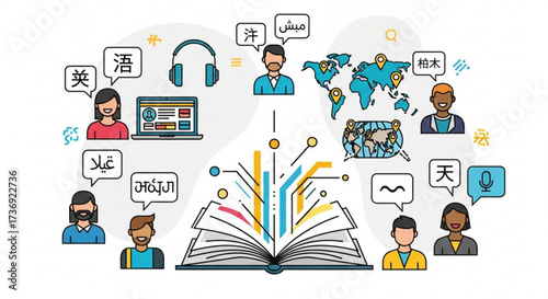 Illustration depicting language learning with diverse people, world map, open book, and speech bubbles with text