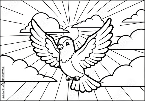Dove Flying in Sky with Clouds and Sun Rays Coloring Page.