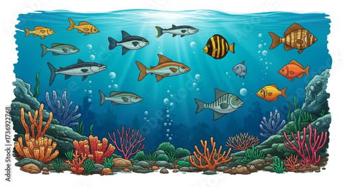 Underwater scene featuring various species of fish swimming amidst coral reefs and sunlight beams