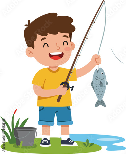 Cartoon Smiling Boy Character Fishing with Rod and Fish Illustration
