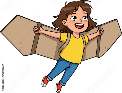 Cartoon Joyful Girl with Cardboard Wings Flying Adventure Illustration