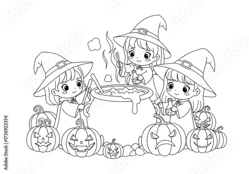 Three Cute Chibi Witches Brewing a Magic Potion Coloring Page.