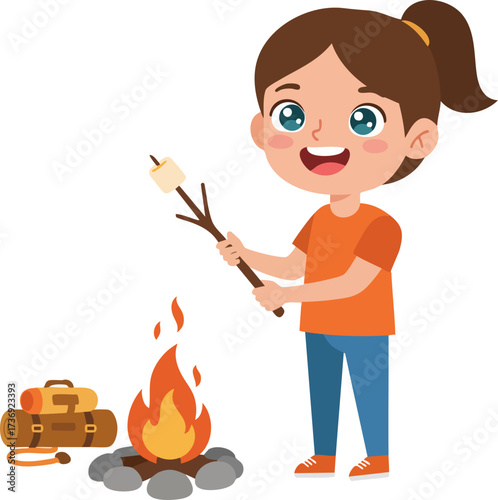 Flat Style Cheerful Girl Toasting Marshmallow by Bonfire Illustration
