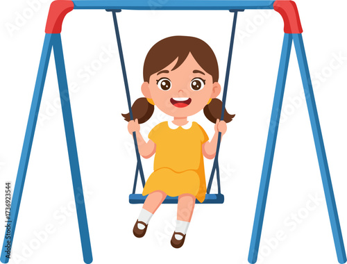Cartoon Flat Style Illustration of Happy Girl on Swing Playground