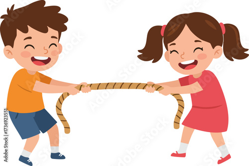 Cartoon Style Two Children Playing Tug of War Fun Game