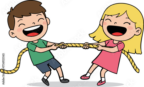 Cartoon Cheerful Children Pulling Rope Playfully in a Tug of War Game