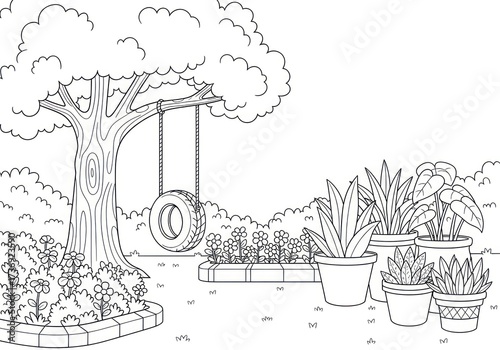 Black and white garden scene with tire swing and plants.